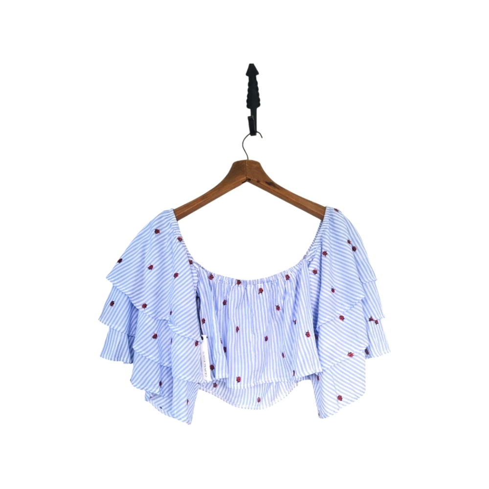 NWT Olivaceous Striped Rose Floral Boho Embroidered Flutter Sleeve Crop Top S